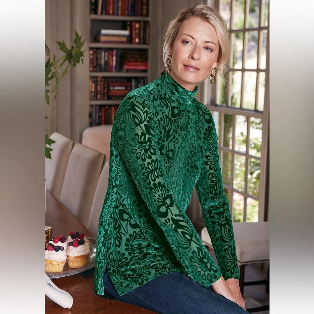 Soft Surroundings Walden Velvet Burnout Turtleneck Top M - Picture 2 of 11